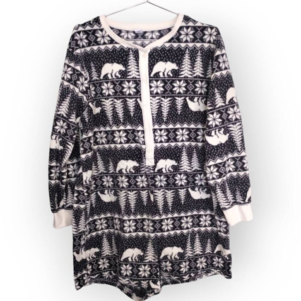 Old Navy Womens Sz XL Black Fleece Polar Bear Romper Sleepwear Cozy Comfort Pjs